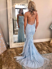 Backless Blue Mermaid Lace Prom Dresses, Backless Lace Formal Dresses, Blue Graduation Dresses, Wedding Dresses
