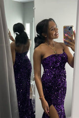 2024 Dark Red Sequin Formal Dresses Long Mermaid Prom Dress Sweetheart with Slit