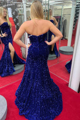 2024 Dark Red Sequin Formal Dresses Long Mermaid Prom Dress Sweetheart with Slit