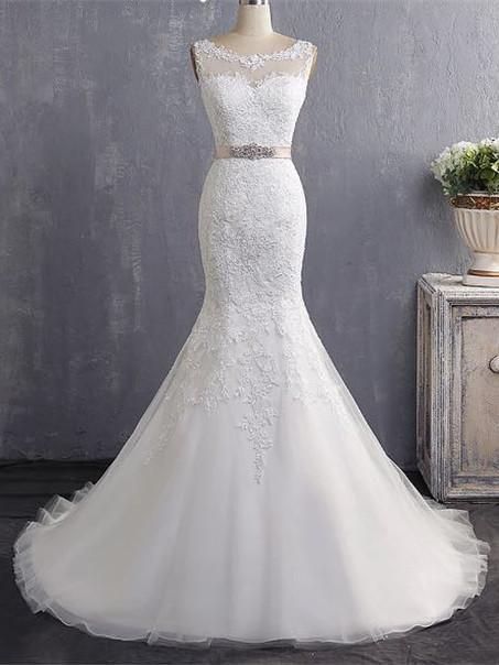 Bateau Neckline Mermaid Tulle Lace Wedding Dresses With Appliques