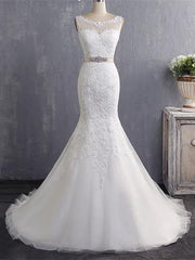 Bateau Neckline Mermaid Tulle Lace Wedding Dresses With Appliques