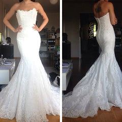 Simple White Tulle Appliques Strapless Bridal Gowns with Buttons