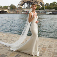Simple Soft Satin V Neck Mermaid Wedding Dresses Long Beach Bridal Dress