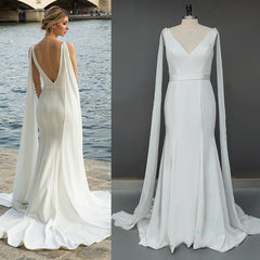 Simple Soft Satin V Neck Mermaid Wedding Dresses Long Beach Bridal Dress