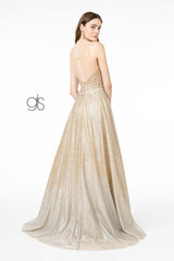 Metalic Glitter Ombre V-Neck A-Line Long Prom Dress