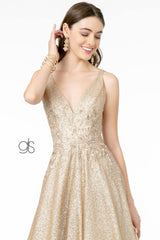 Metalic Glitter Ombre V-Neck A-Line Long Prom Dress