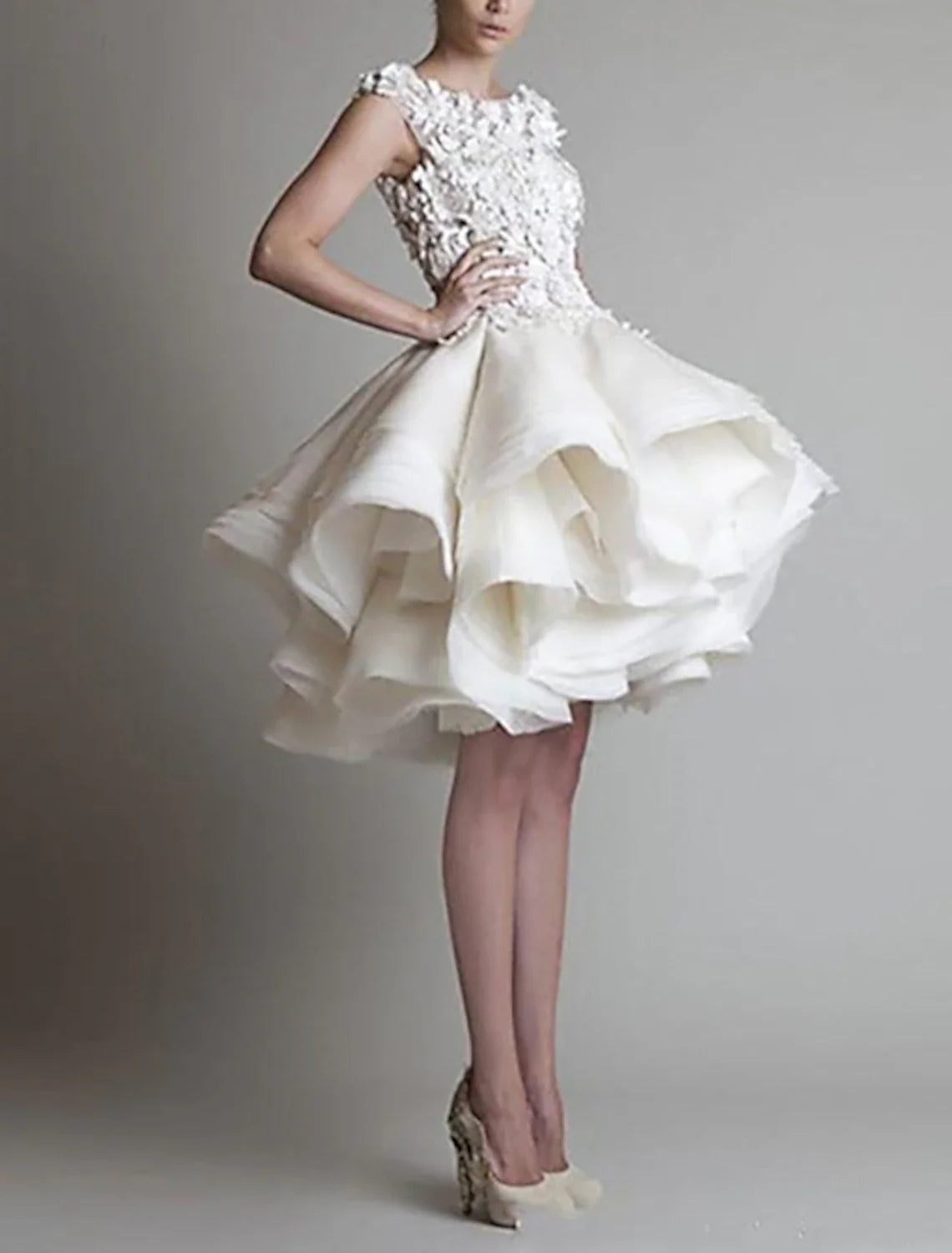 Ball Gown Cocktail Dresses 1950s Dress Valentine's Day Homecoming Short / Mini Sleeveless Jewel Neck Organza with Appliques Tiered Shouder Flower