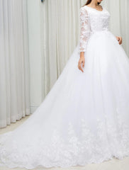 Engagement Formal Wedding Dresses Ball Gown V Neck Long Sleeve Court Train Lace Bridal Gowns With Appliques