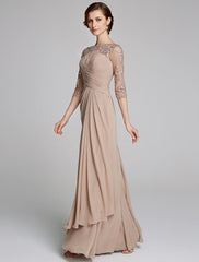 A-Line Mother of the Bride Dress Sparkle & Shine Boat Neck Floor Length Chiffon Lace 3/4 Length Sleeve with Crystals