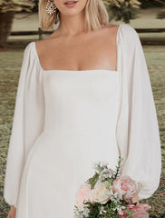 Wholesale Engagement Open Back Wedding Dresses A-Line Square Neck Long Sleeve Sweep / Brush Train Chiffon Bridal Gowns With Solid Color
