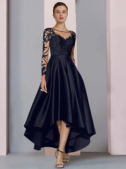 DingjiA-Line Mother of the Bride Dress Wedding Guest Elegant High Low Scoop Neck Asymmetrical Tea Length Satin Lace Long Sleeve with Pleats Beading Appliques