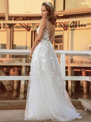 Aimishang  A-Line/Princess Tulle Sleeveless Applique V-neck Sweep/Brush Train Wedding Dresses