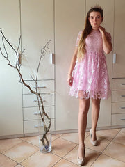 A-Line/Princess Short Sleeves Organza Sheer Neck Applique Short/Mini Homecoming Dresses