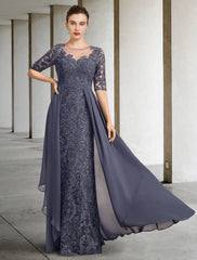 A-Line Mother of the Bride Dress Formal Wedding Guest Elegant Scoop Neck Floor Length Chiffon Lace Half Sleeve with Bow(s) Sequin