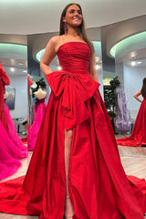 Neon Pink Strapless A-Line Prom Dress with Bow