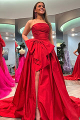 A-Line Strapless Light Blue Satin Long Prom Dress with Bow