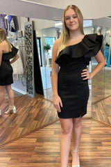 Green One-Shoulder Ruffles Bodycon Cocktail Dress