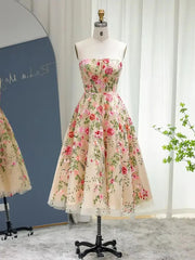 Midi Floral Prom Dresses with Bolero Long Sleeve Strapless Formal Dresses BD059