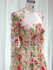 Midi Floral Prom Dresses with Bolero Long Sleeve Strapless Formal Dresses BD059