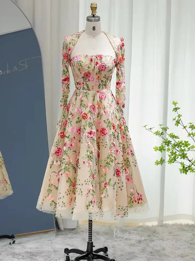 Midi Floral Prom Dresses with Bolero Long Sleeve Strapless Formal Dresses BD059