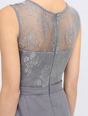 A-Line Mother of the Bride Dress Fall Wedding Guest Dresses Plus Size Elegant Illusion Neck Tea Length Chiffon Corded Lace Sleeveless Wrap Included with Lace Pleats