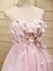 Mini / courte robe de bal rose, robes de retour rose mignonnes avec applique en perles