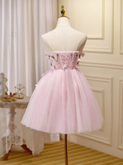 Mini / courte robe de bal rose, robes de retour rose mignonnes avec applique en perles