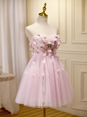 Mini / courte robe de bal rose, robes de retour rose mignonnes avec applique en perles