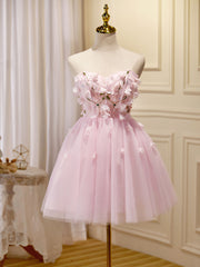 Mini / courte robe de bal rose, robes de retour rose mignonnes avec applique en perles