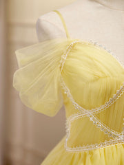 Mini / courtes robes de bal jaune, robe de retour mignonne jaune avec dentelle de perles