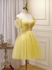 Mini / courtes robes de bal jaune, robe de retour mignonne jaune avec dentelle de perles