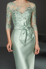 Bateau 3/4 Long Sleeves Satin Mother of the Bride Dresses with Lace