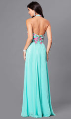 Long Halter Prom Dress with Embroidered Bodice