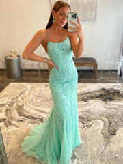 Mint Green Lace Mermaid Backless Long Prom Dresses Sleeveless Evening Dresses