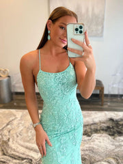 Mint Green Lace Mermaid Backless Long Prom Dresses Sleeveless Evening Dresses