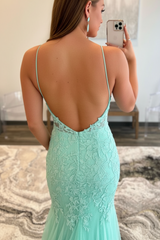 Mint Green Lace Mermaid Backless Long Prom Dresses Sleeveless Evening Dresses
