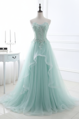 Lace-up Appliques Tulle Long A-line Prom Dress Sky Blue Evening Dress