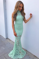 Black Mermaid High Neck Sleeveless Lace Prom Dress Evening Dress Sweep Train