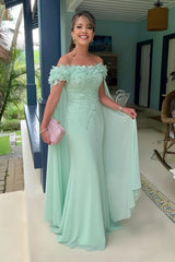 Off-The-Shoulder Mermaid Chiffon Wedding Guest Dresses Long with Appliques