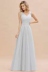 Modest Floral Lace A-line Bridesmaid Dress V-Neck Ruched Chiffon Wedding Guest Dress