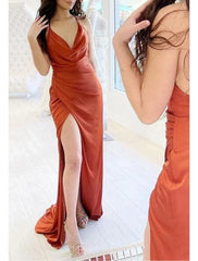 Mermaid / Trumpet Bridesmaid Dress V-Neck Cowl Spaghetti Strap Sleeveless Vintage Floor Length Imitated Silk with Pleats / Split Front