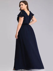 A-Line Mother of the Bride Dress Plus Size V Neck Floor Length Chiffon Short Sleeve with Ruffles