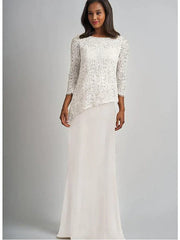 Sheath / Column Mother of the Bride Dress Elegant & Luxurious Bateau Neck Floor Length Chiffon Lace 3/4 Length Sleeve with Lace