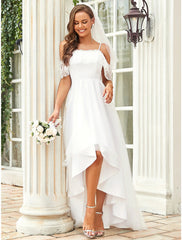 Reception Little White Dresses Boho Wedding Dresses A-Line Off Shoulder Short Sleeve Asymmetrical Lace Bridal Gowns