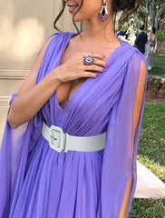A-Line Wedding Guest Dresses Maxi Dress Wedding Party Dress Black Tie Floor Length Long Sleeve V Neck Fall Wedding Guest Chiffon with Belt