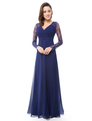 A-Line Evening Gown Elegant Dress Wedding Guest Formal Evening Floor Length Long Sleeve V Neck Chiffon with Sash / Ribbon Ruched Lace Insert