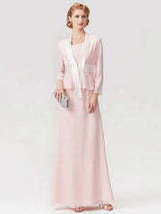 Two Piece A-Line Mother of the Bride Dress Elegant Square Neck Floor Length Chiffon Charmeuse Sleeveless Wrap Included with Ruched