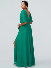 Sheath / Column Bridesmaid Dress V Neck Short Sleeve Sparkle & Shine Floor Length Chiffon with Split Front