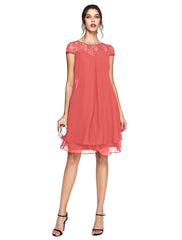 Aimishang A-Line Mother of the Bride Dress Plus Size Elegant Illusion Neck Knee Length Chiffon Lace Short Sleeve with Sequin