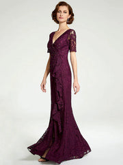 DingjiSheath / Column Mother of the Bride Dress V Neck Floor Length Lace Short Sleeve with Lace Beading